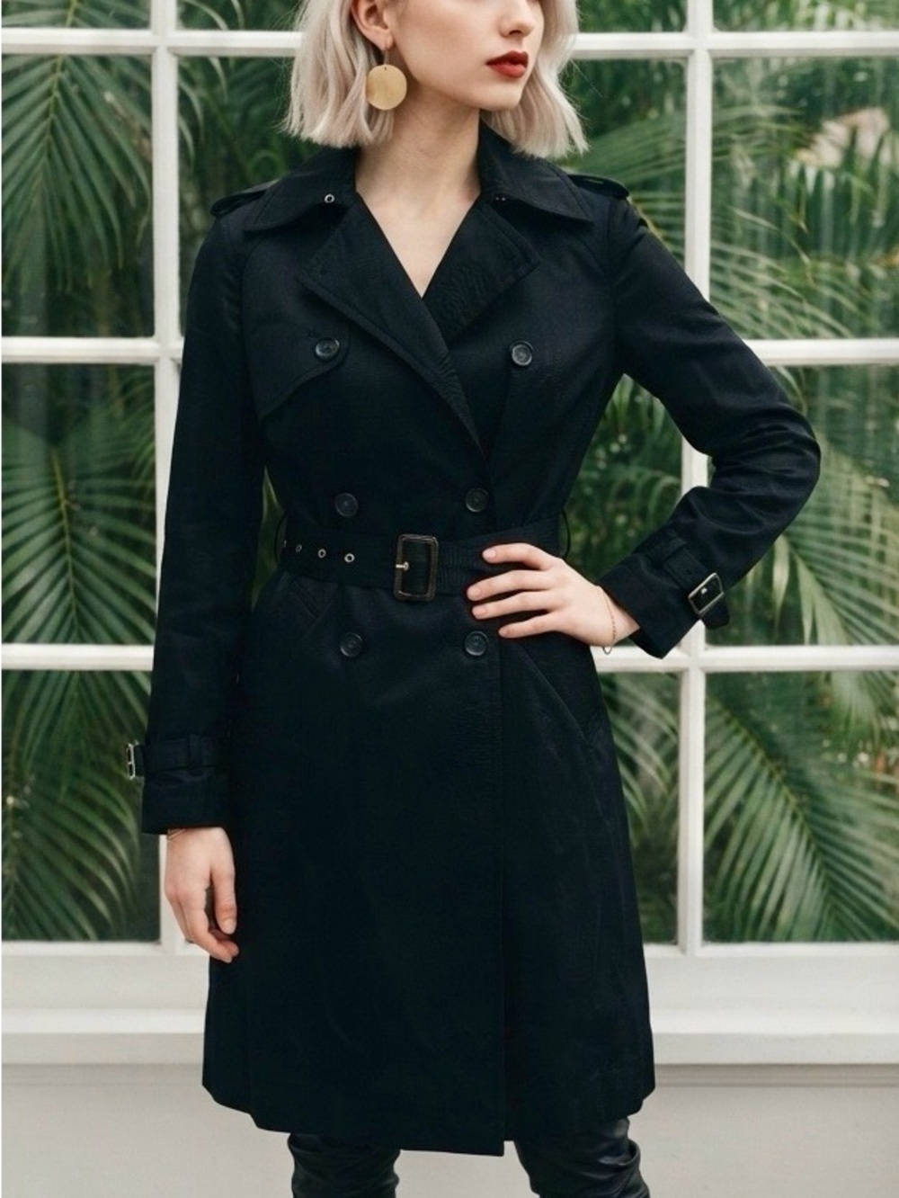 Express Black Double-Breasted Trench Coat with Belt